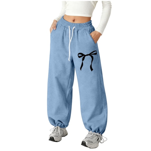 Baggy Pants For Girls Jeans For Teen Girls Girls Sweatpants with Cute Bow Design, Lightweight Straight Leg Pants with Pockets & Drawstring