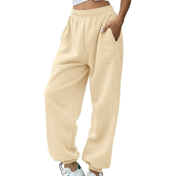 Baggy Pants Women, Audhol Women's Casual Pant Solid Color Sports and Leisure Pant Drawstring Wide Leg Pants and Drawstring Pocket Pants Womens Sweatpants Beige L