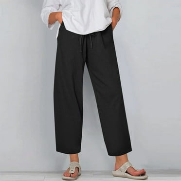 Baggy Pants Women, Flowy Pants, Womens Summer Outfits, Capri Pants for Women 2024 Summer Casual Drawstring Elastic Linen Pants Plus Size Straight Leg Cropped Trousers with Pockets, Black, S