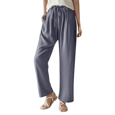 Baggy Pants Women │ Linen Pants Women, Straight Leg Pants Women, Travel Clothes Women, Culottes for Women, Womens Casual Elastic Waist Solid Comfy Jogging Jogger Pants with Pockets, Gray, L