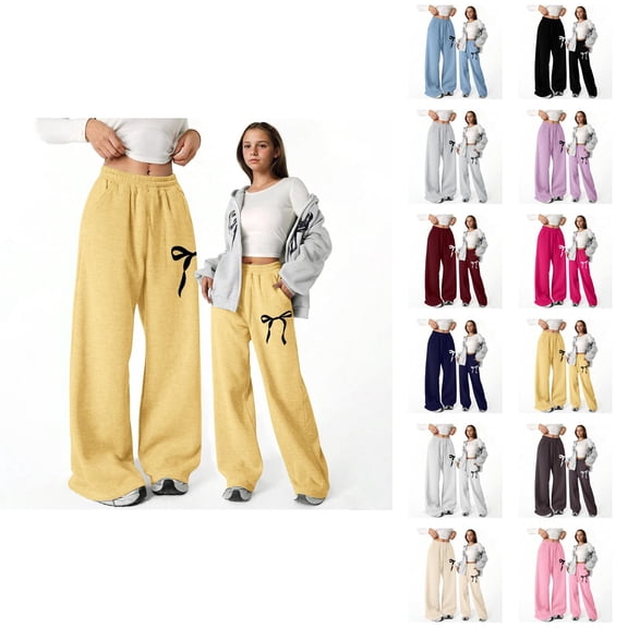 Baggy Pants for Girls 2025 Trendy Elastic Waist Cute Bow Graphic Lightweight Straight Leg Sweatpants with Pockets