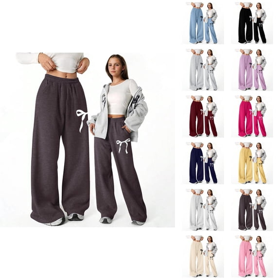 Baggy Pants for Girls 2025 Trendy Elastic Waist Cute Bow Graphic Lightweight Straight Leg Sweatpants with Pockets