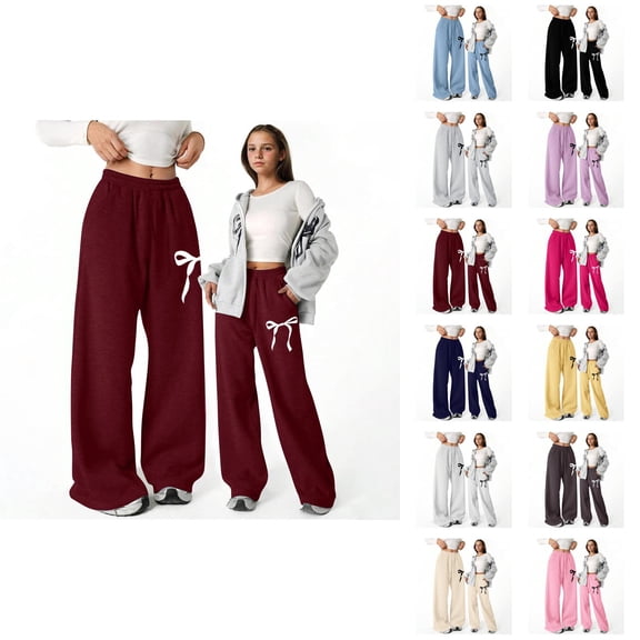 Baggy Pants for Girls 2025 Trendy Elastic Waist Cute Bow Graphic Lightweight Straight Leg Sweatpants with Pockets