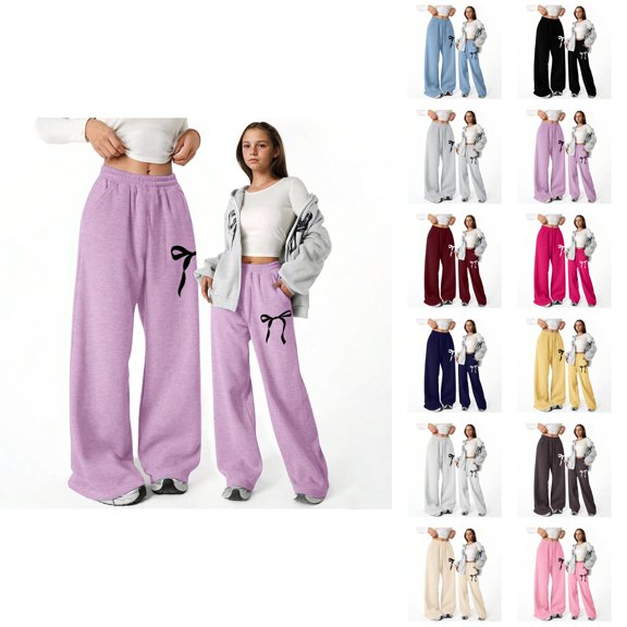 Baggy Pants for Girls 2025 Trendy Elastic Waist Cute Bow Graphic Lightweight Straight Leg Sweatpants with Pockets