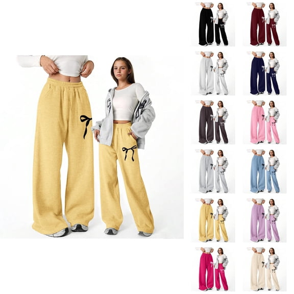 Baggy Pants for Girls 2025 Trendy Elastic Waist Cute Bow Printed Straight Leg Lightweight Sweatpants with Pockets