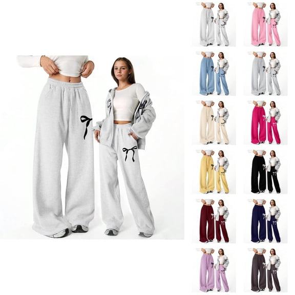 Baggy Pants for Girls 2026 Casual Elastic Waist Cute Bow Graphic Lightweight Straight Leg Sweatpants with Pockets