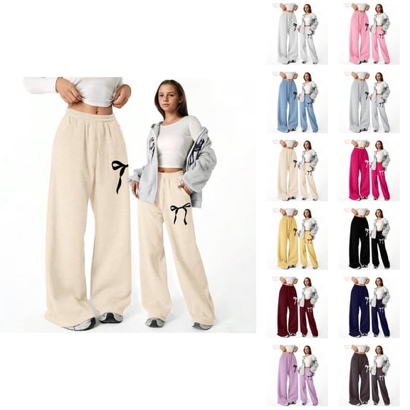 Baggy Pants for Girls 2026 Casual Elastic Waist Cute Bow Graphic Lightweight Straight Leg Sweatpants with Pockets
