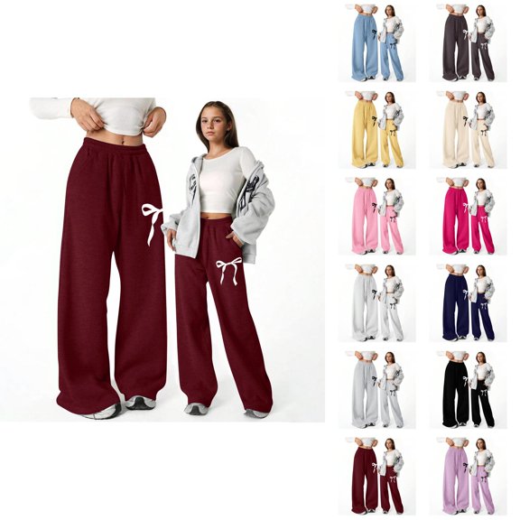 Baggy Pants for Girls 2026 Fashion Cute Bow Printed Elastic Waist Lightweight Straight Leg Sweatpants with Pockets