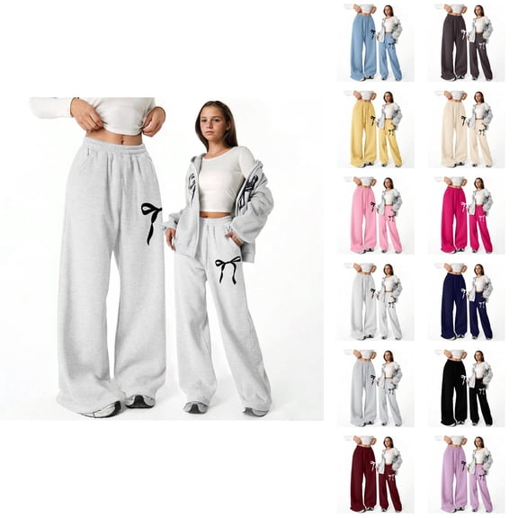 Baggy Pants for Girls 2026 Fashion Cute Bow Printed Elastic Waist Lightweight Straight Leg Sweatpants with Pockets