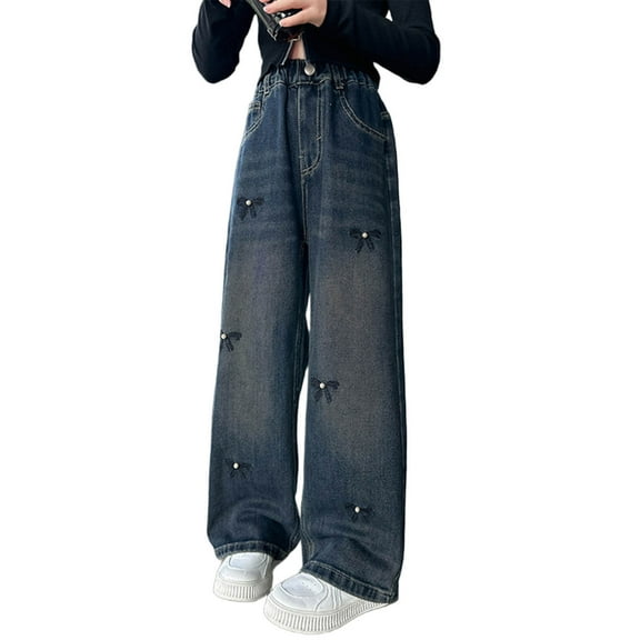 Baggy Pants for Girls Cute Bow High Waisted Wide Leg Pants Streetwear Casual Straight Leg Trousers with Pockets Size 5-15