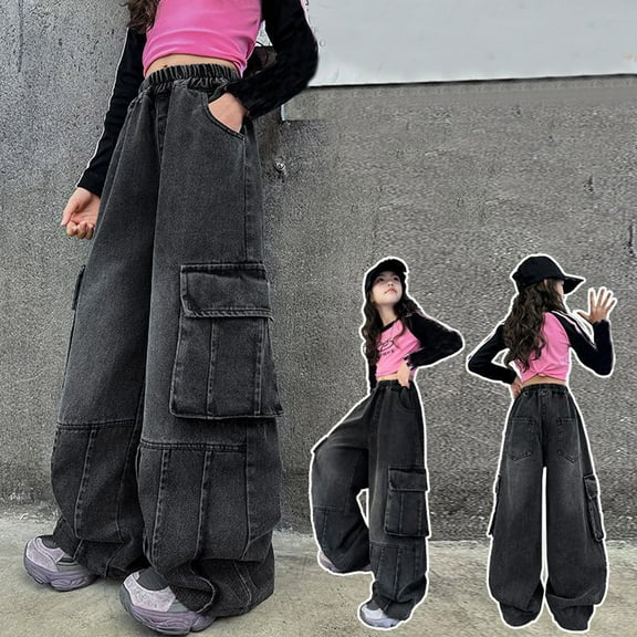 Baggy Pants for Girls Wide Leg Jeans for Girls Wide Leg Denim Pants with Pockets Girls Cargo Pants 11-12 Years