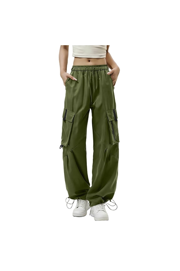 Baggy Parachute Pants for Womens Wide Leg Cargo Pants with Pockets Boyfriend Streetwear Goth Army Green L(L)