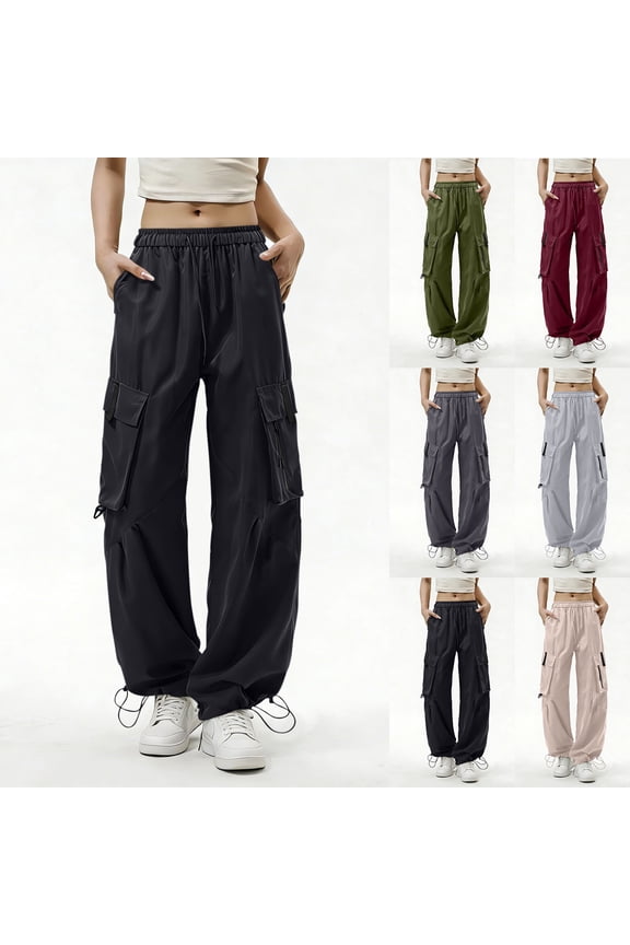 Baggy Parachute Pants for Womens Wide Leg Cargo Pants with Pockets Boyfriend Streetwear Goth Wine XL(XL)