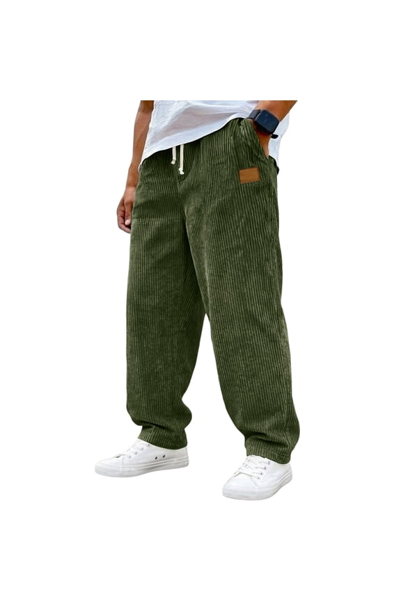 Baggy Relaxed Fit Mens Pants - Wide Leg Corduroy Casual Trousers, Elastic Drawstring Waist Pull-on Pants with Embroidered Patches, Ventilated Streetwear for Casual Occasions L Green