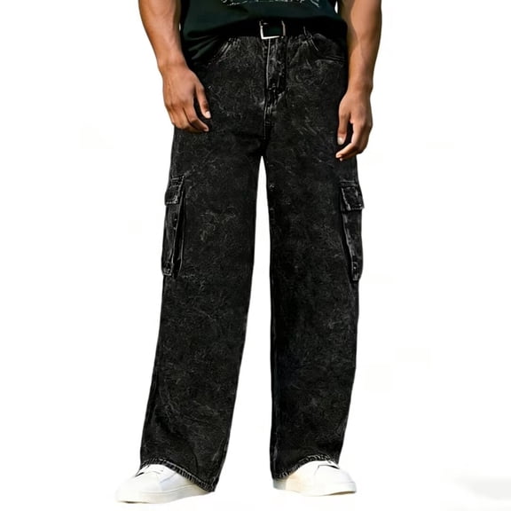 GINGTTO Retro Washed Black Cargo Jeans, Men's Loose Multi-Pocket Wide-Leg Pants, American Street Style Distressed Straight-Leg Casual Trousers, Daily Versatile & Durable