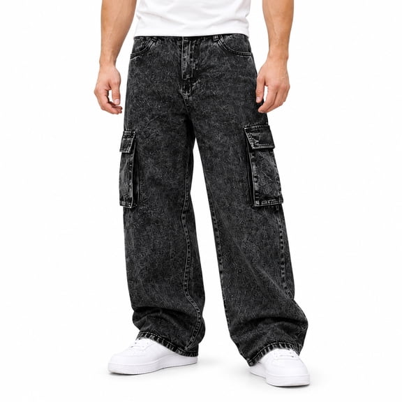 GINGTTO Men's Baggy Cargo Jeans, Wide Leg Denim Pants, Washed Black