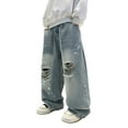 thumbnail image 1 of Baggy Ripped Denim Jeans for Boys Straight Wide Leg Distressed 𝗛ip Hop Loose Fit Casual Denim Pants with Pockets, 1 of 5