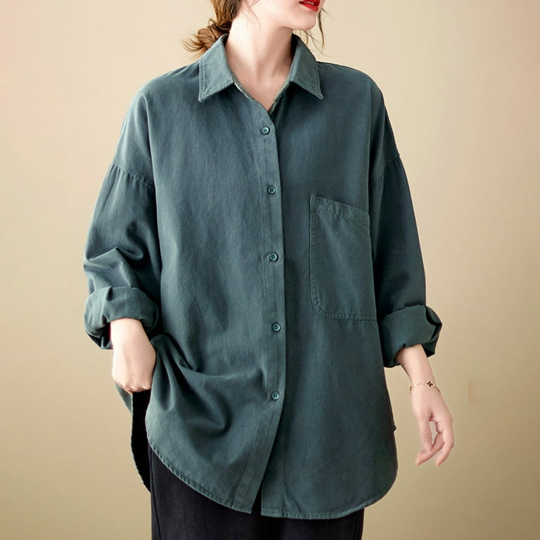 Baggy Shirts for Women Button Up Collared Shirt Blouses Long Sleeve Solid Color Loose Casual Work Office Wear XX Large Blue