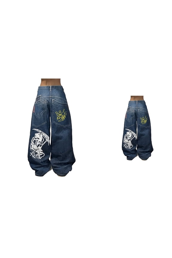 Baggy Skeleton Print Jeans Vintage High Waist Wide Leg Denim Pants for Women & Women, Y2K Goth Hip Hop Streetwear Oversized Graphic Jeans
