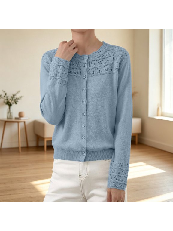 Baggy Sweater Crew neck Eyelet Knit Button Cardigan Long Sleeve Open Front Sweater Jacket Clothes 2026 Knitwear Coat Top Trendy Fashion Clothing Layering Outerwear Dressy Coats Sky Blue L