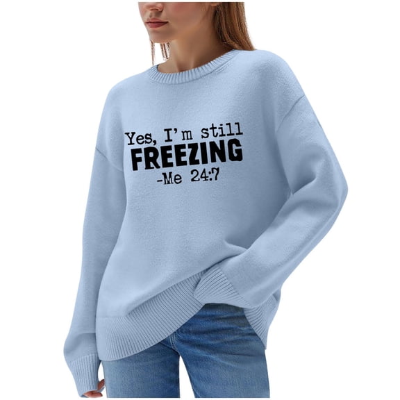 Baggy Sweater for Women Funny Long Sleeve Letter Printed Casual Lightweight Crewneck Knit Graphic Pullover Tops (3XL, Light Blue)
