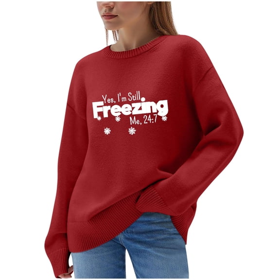 Baggy Sweater for Women Funny Long Sleeve Letter Printed Casual Lightweight Crewneck Knit Graphic Pullover Tops (M, Red)