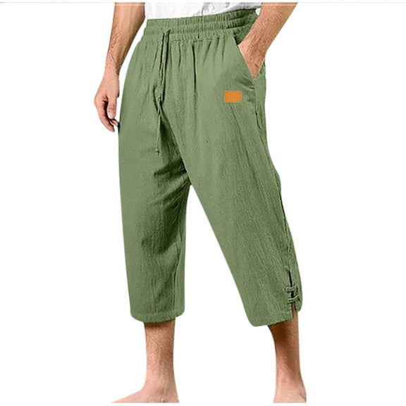 Baggy Sweatpants Men, Capri Pants for Men Summer Linen Drawstring Below Knee Shorts with Pockets Casual Baggy Elastic Waist Short Pant