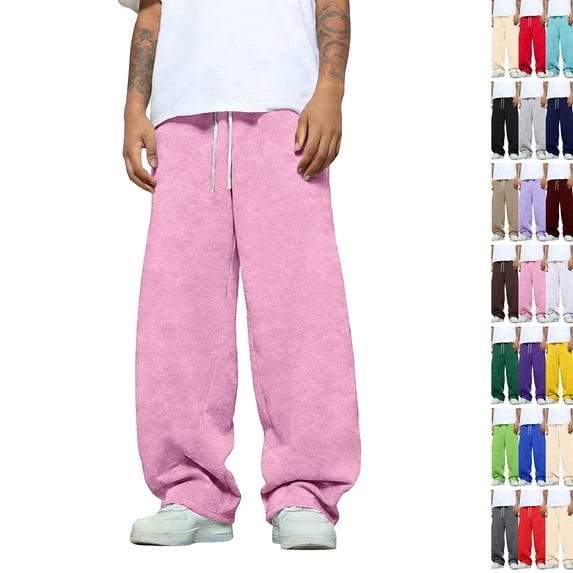 Baggy Sweatpants Men Casual Drawstring Waist, Open Bottom Uncuffed Lightweight Sweat Pants for Men Pink 3XL
