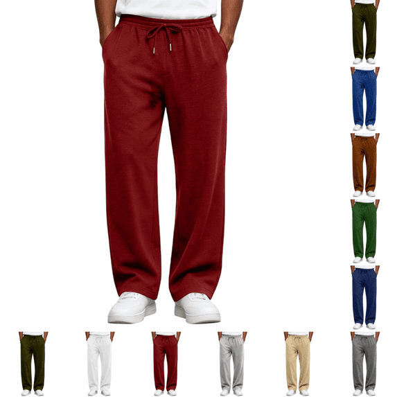 Baggy Sweatpants Men Casual Stylish Wide Leg Drawstring Waist Sweatpants Relaxed Fit Sweat Pants for Gym Athletic with Pockets Wine L