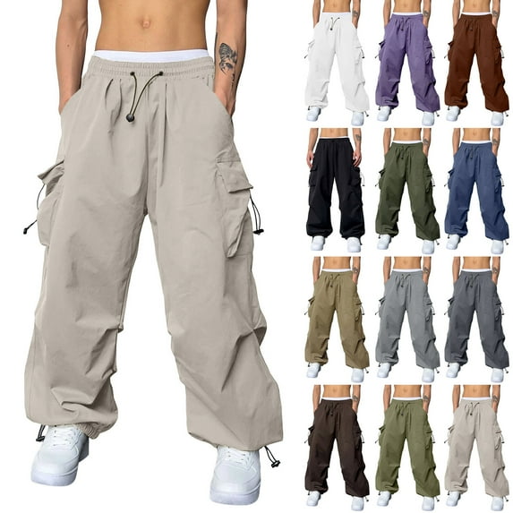 Baggy Sweatpants for Men No Cuff Khaki Cargo Pants for Men Casual Solid Color Outdoor Straight Leg Pant Comfortable Fitsness Jogger Workout Trousers Long Pants with Button Zipper Multi-Pocket XL