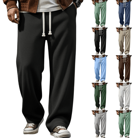 Baggy Sweatpants Men Drawstring Elastic Waist Comfy Waffle Pants Fall Casual Wide Leg Sweatpants Loose Fit Trousers Black 2XL