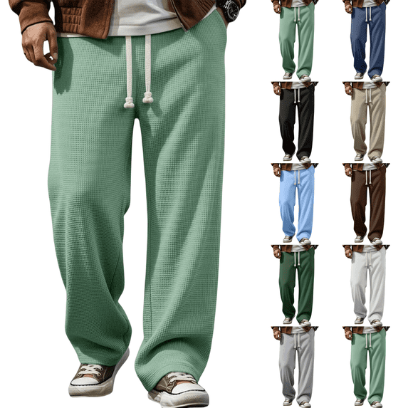 Baggy Sweatpants Men Drawstring Elastic Waist Comfy Waffle Pants Fall Casual Wide Leg Sweatpants Loose Fit Trousers Light Green 2XL