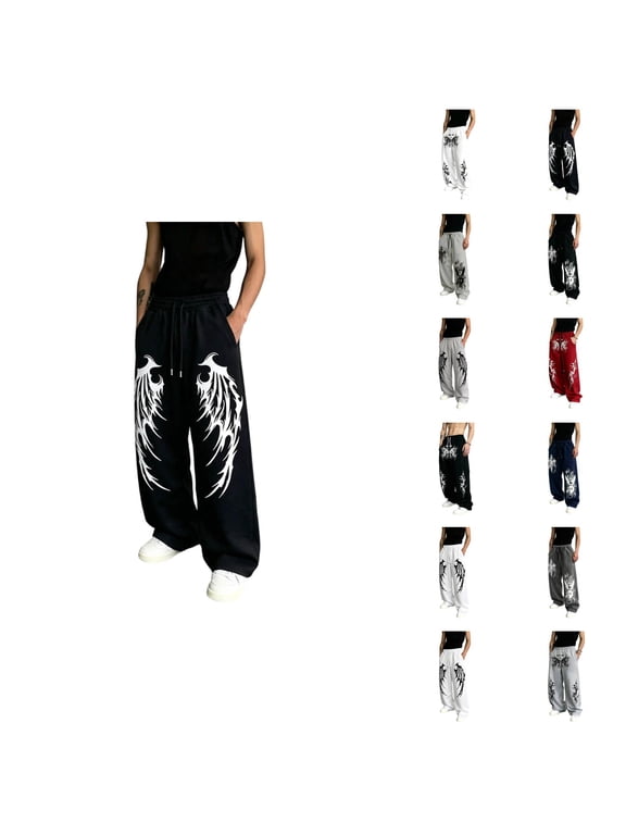 Baggy Sweatpants Men Elastic Waist Drawstring Y2k Gothic Print Wide Leg Pants with Pockets Streetwear