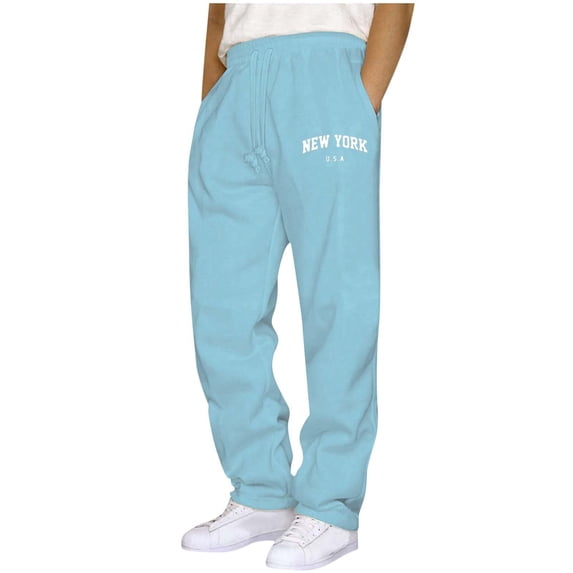 Baggy Sweatpants Men Straight Leg Trendy Newyork Letter Printed Trousers Open Bottom Athletic Joggers For Men With Pockets
