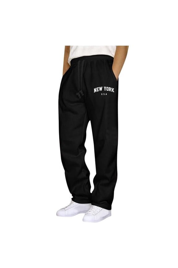 Baggy Sweatpants Men Straight Leg Trendy Newyork Letter Printed Trousers Open Bottom Athletic Joggers For Men With Pockets