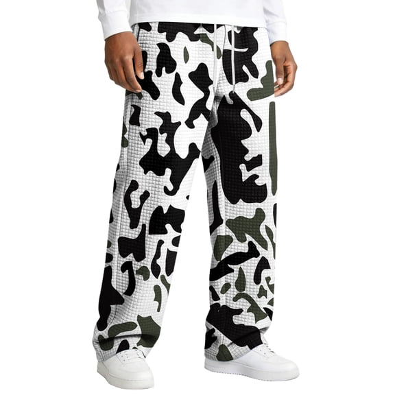 Baggy Sweatpants Men Wide Leg Camo Sweatpants Waffle Knit Textured Slacks Loose Knitted Straight Leg Trousers with Pockets