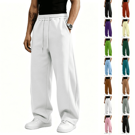Baggy Sweatpants Men Wide Leg Elastic Drawstring Waist Wide Leg Lounge Pants Streetwear with Pockets White S