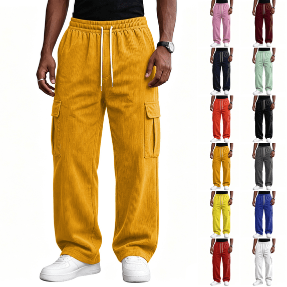 Baggy Sweatpants Men Wide Leg Joggers with Pockets 2 in 1 Design Corduroy 4 Deep Pockets Drawstring Waist Y2K Loungewear Gym Workout