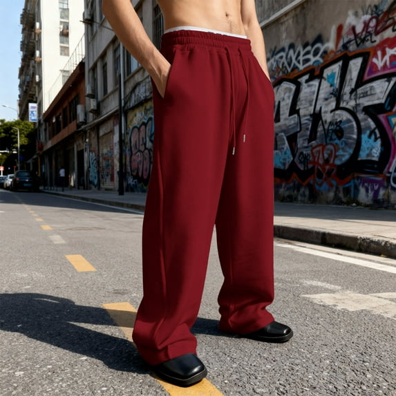 Baggy Sweatpants Men Wide Leg Sweats Pants Casual Loose Fit Open Bottom Athletic Joggers with Pockets Y2K Trousers Streetwear Wine S
