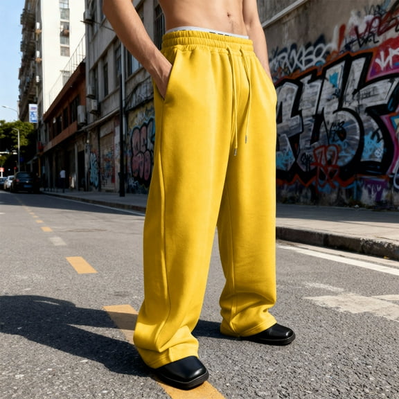 Baggy Sweatpants Men Wide Leg Sweats Pants Casual Loose Fit Open Bottom Athletic Joggers with Pockets Y2K Trousers Streetwear Yellow M