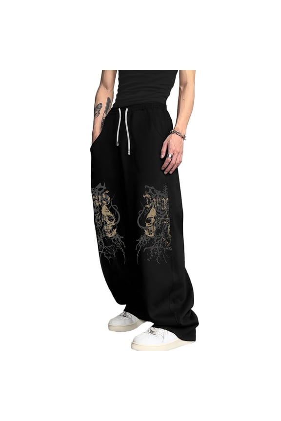Baggy Sweatpants Mens Baggy Trousers, Gym Joggers Men with Distressed Skull Print, Vintage Dark Style Casual Outdoor Skate Wear