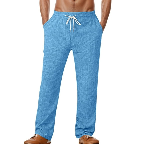 Baggy Sweatpants,Mens Trousers Imitation Linen Checkered Design Casual Beach Pants for Loose Straight Fit,Mens Sweatpants Open Bottom,05 Light Blue,S