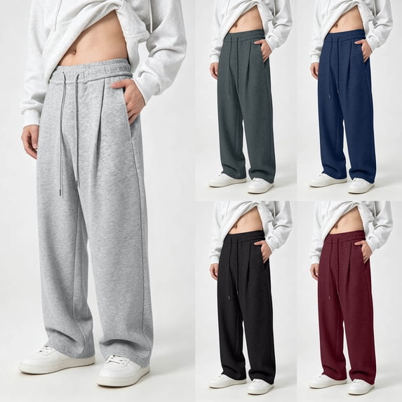 Baggy Sweatpants Wide Leg Pants for Men Solid Color Elastic Waist Drawstring High Waist with Pockets Light Gray 2XL