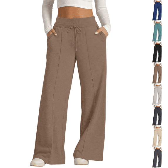 Baggy Sweatpants Women Double High Waisted Drawstring Comfy Wide Leg Sweatpants Fall Sweat Pants Summer Trousers Coffee L