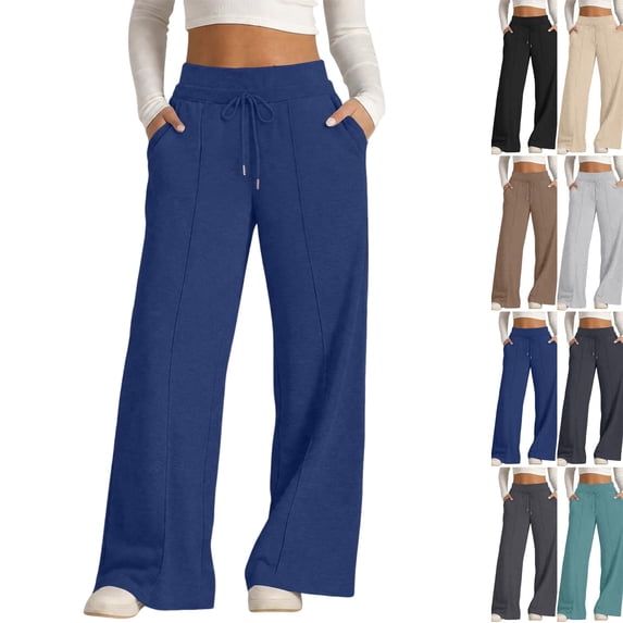 Baggy Sweatpants Women Double High Waisted Drawstring Comfy Wide Leg Sweatpants Fall Sweat Pants Summer Trousers Dark Blue L