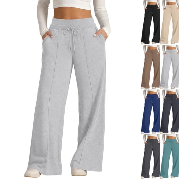 Baggy Sweatpants Women Double High Waisted Drawstring Comfy Wide Leg Sweatpants Fall Sweat Pants Summer Trousers Light Gray L