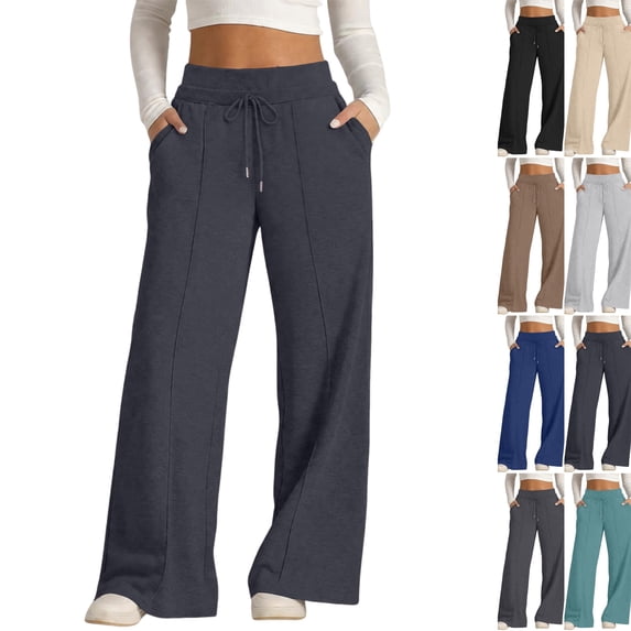 Baggy Sweatpants Women Double High Waisted Drawstring Comfy Wide Leg Sweatpants Fall Sweat Pants Summer Trousers Navy XL