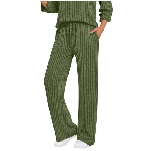 Baggy Sweatpants for Women Drawstring Elastic Wasit Casual Long Pants Ribbed Knit Soild Color Workout Joggers Wide Legs Trousers with Pockets Fall Fashion Loungewear Clothing
