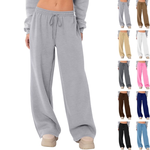 Baggy Sweatpants Women Wide Leg Fleece Lined High Waisted Joggers Drawstring Lounge Pants Cozy Casual Sweat Pants for Women Fall Spring Light Gray S