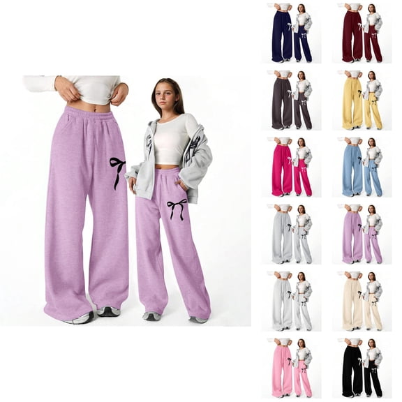 Baggy Sweatpants for Girls 2026 Casual Cute Bow Graphic Elastic Waist Straight Leg Lightweight Sweatpants with Pockets